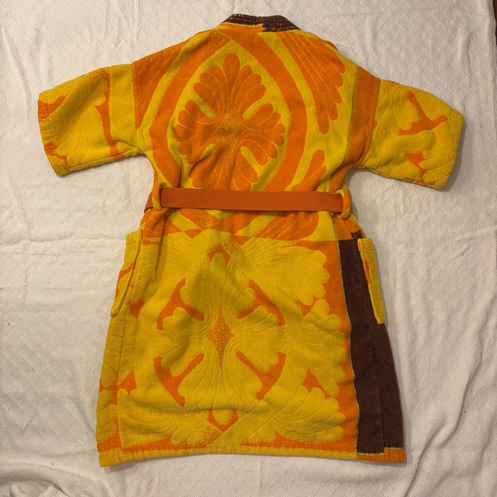 Vintage 70s Terry Cloth Robe Yellow Orange Psychedelic Belted Kimono Towel - Picture 3 of 7